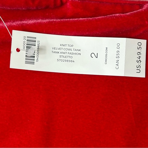 Chicos Sleeveless Velvet Cowl Top Size L Large Red Stiletto Holiday Evening NEW - Picture 8 of 8